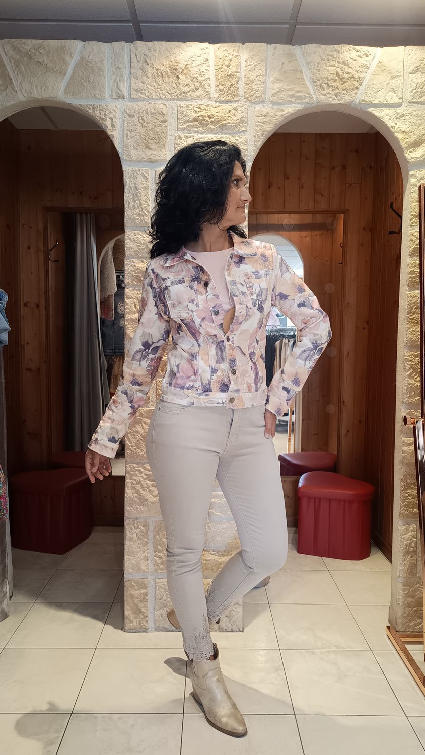 Veste jean réversible Onado fleurs rose