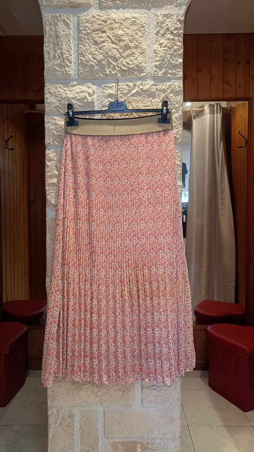 Jupe longue plissée Fleuri corail