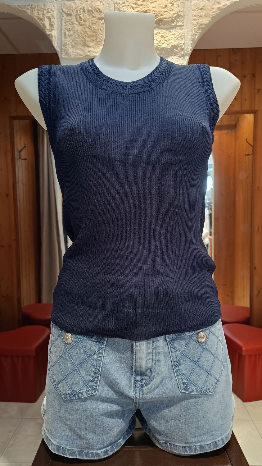 Top côtelé sans manches bleu marine 