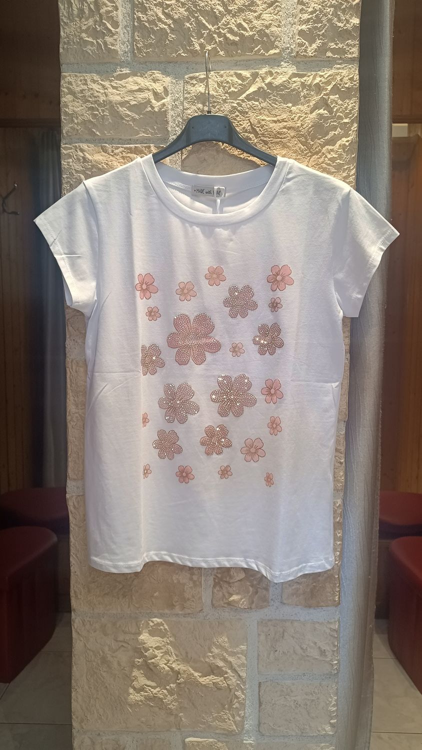 T-shirt Fleurs strass rose T-shirt Fleurs strass rose