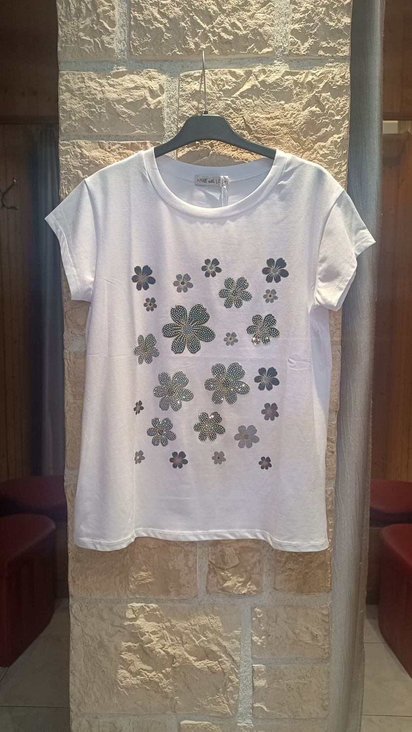 T-shirt Fleurs strass bleu marine 
