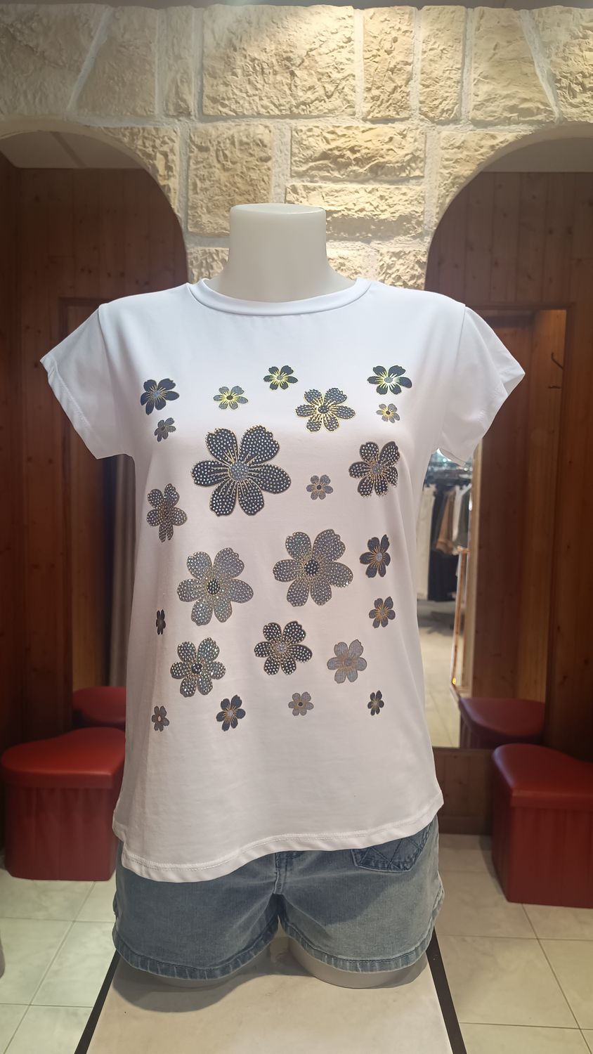 T-shirt Fleurs strass bleu marine T-shirt Fleurs strass bleu marine