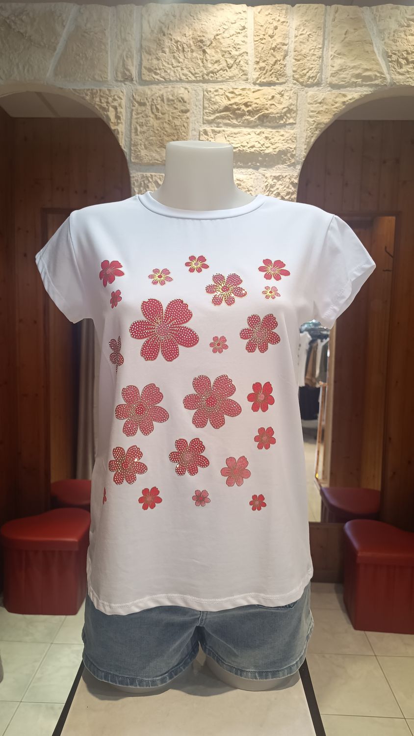T-shirt Fleurs strass rouge T-shirt Fleurs strass rouge