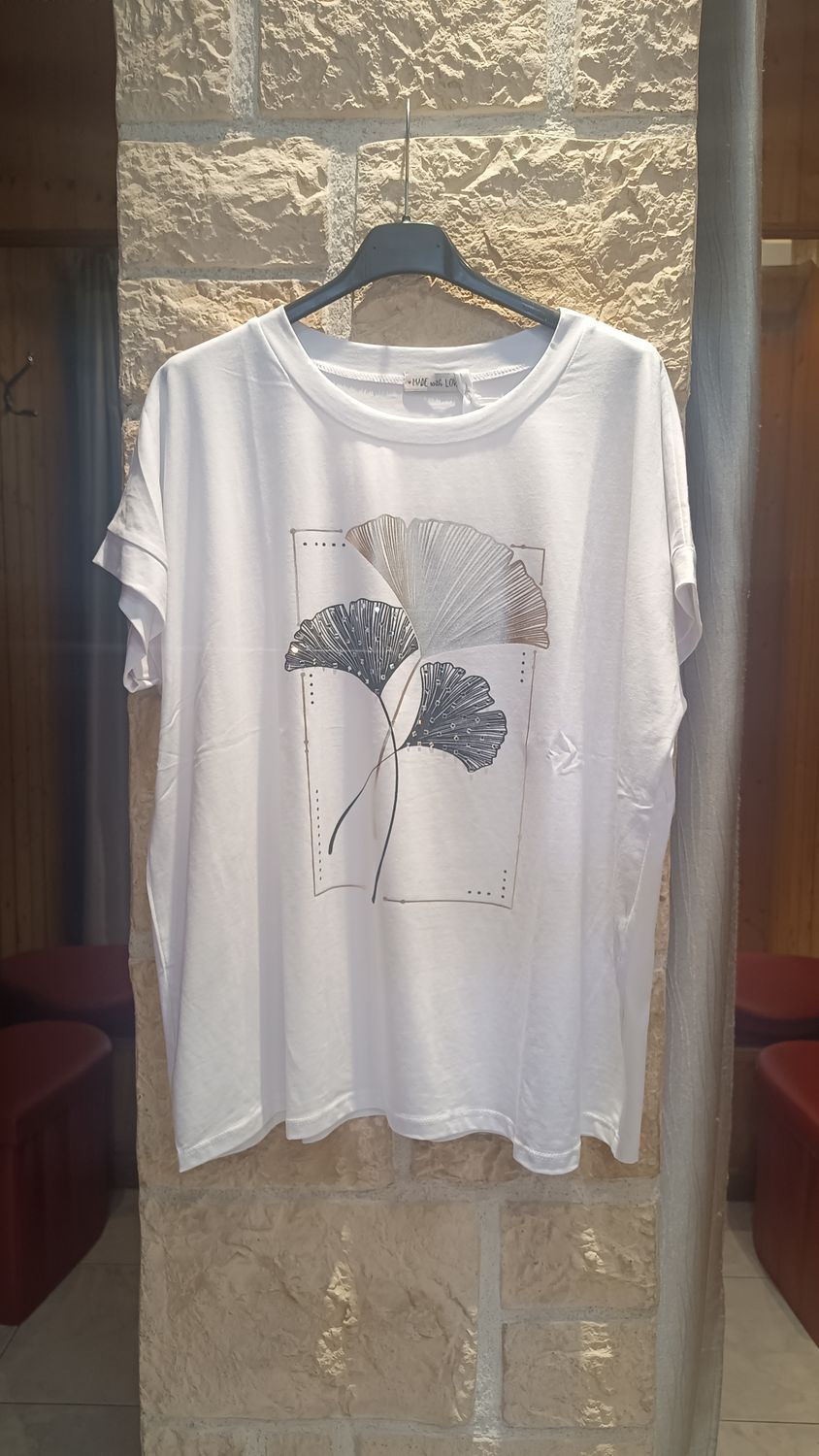 T-shirt Feuilles de Ginkgo blanc strass T-shirt Feuilles de Ginkgo blanc strass