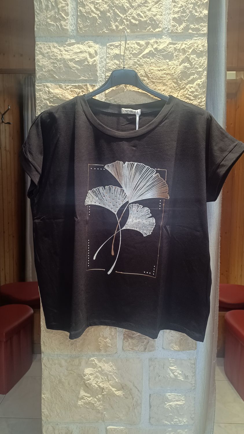 T-shirt Feuilles de Ginkgo noir strass T-shirt Feuilles de Ginkgo noir strass