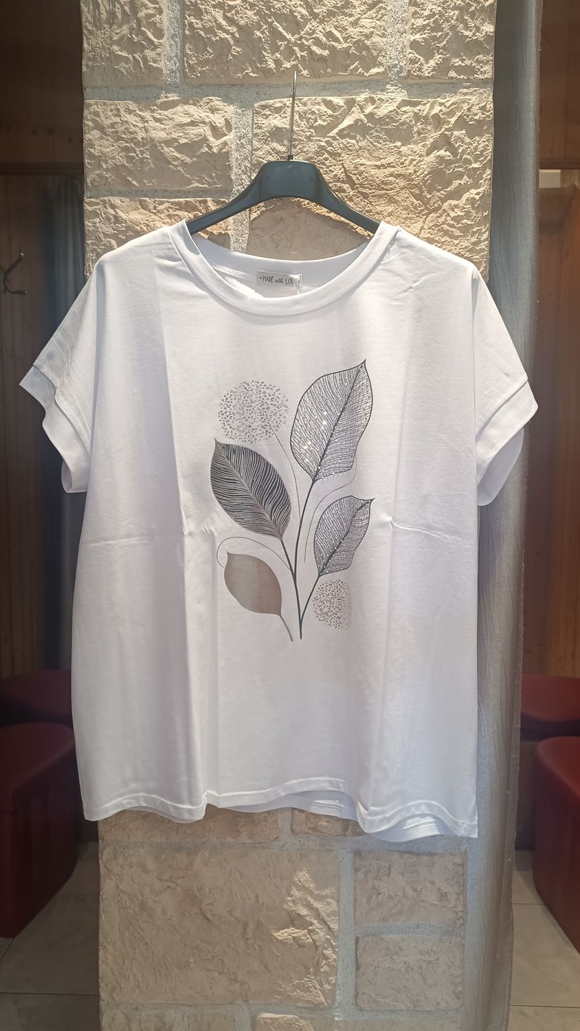 T-shirt Feuillage blanc strass T-shirt Feuillage blanc strass