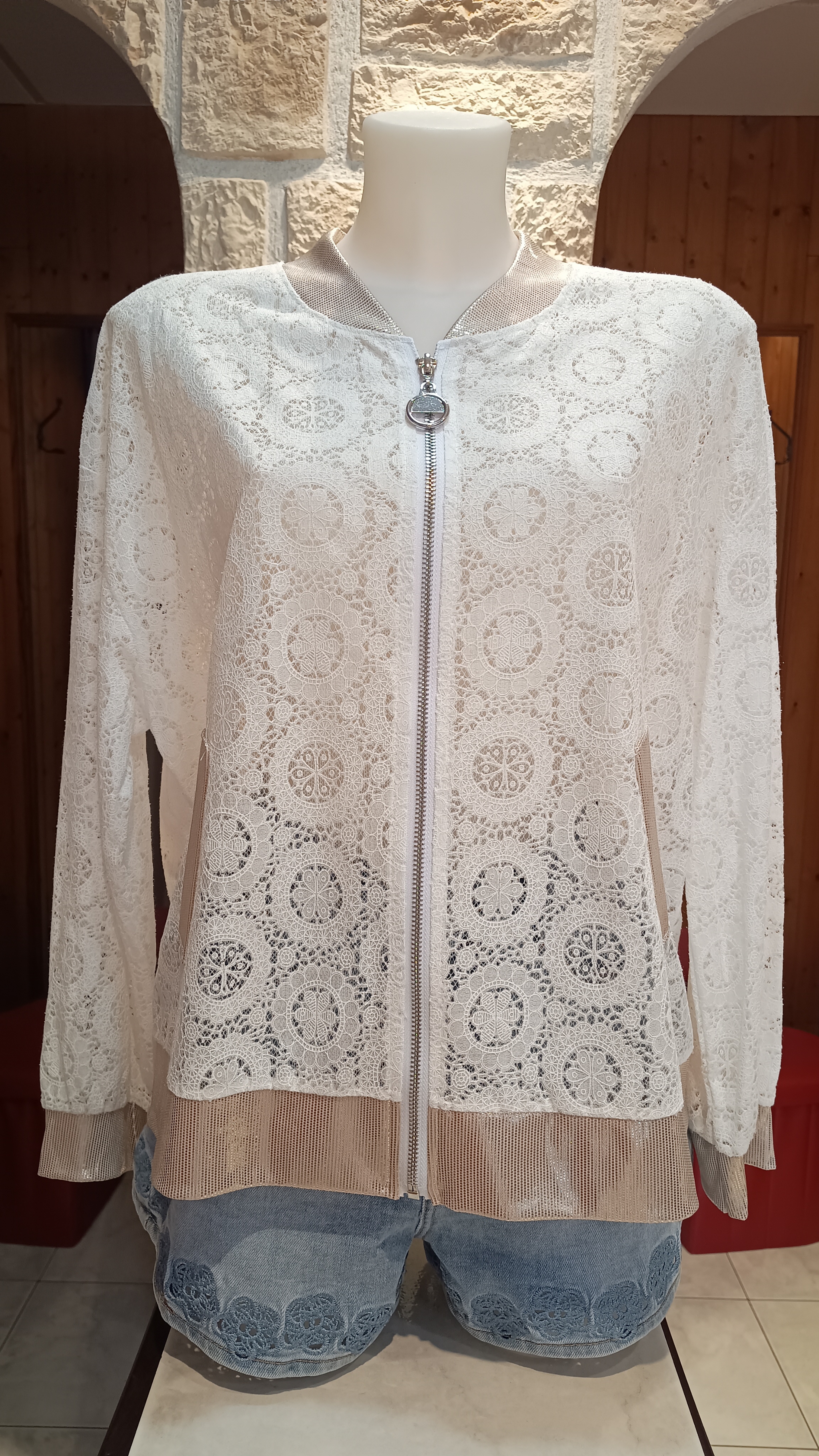 Veste bomber dentelle Rosaces blanc