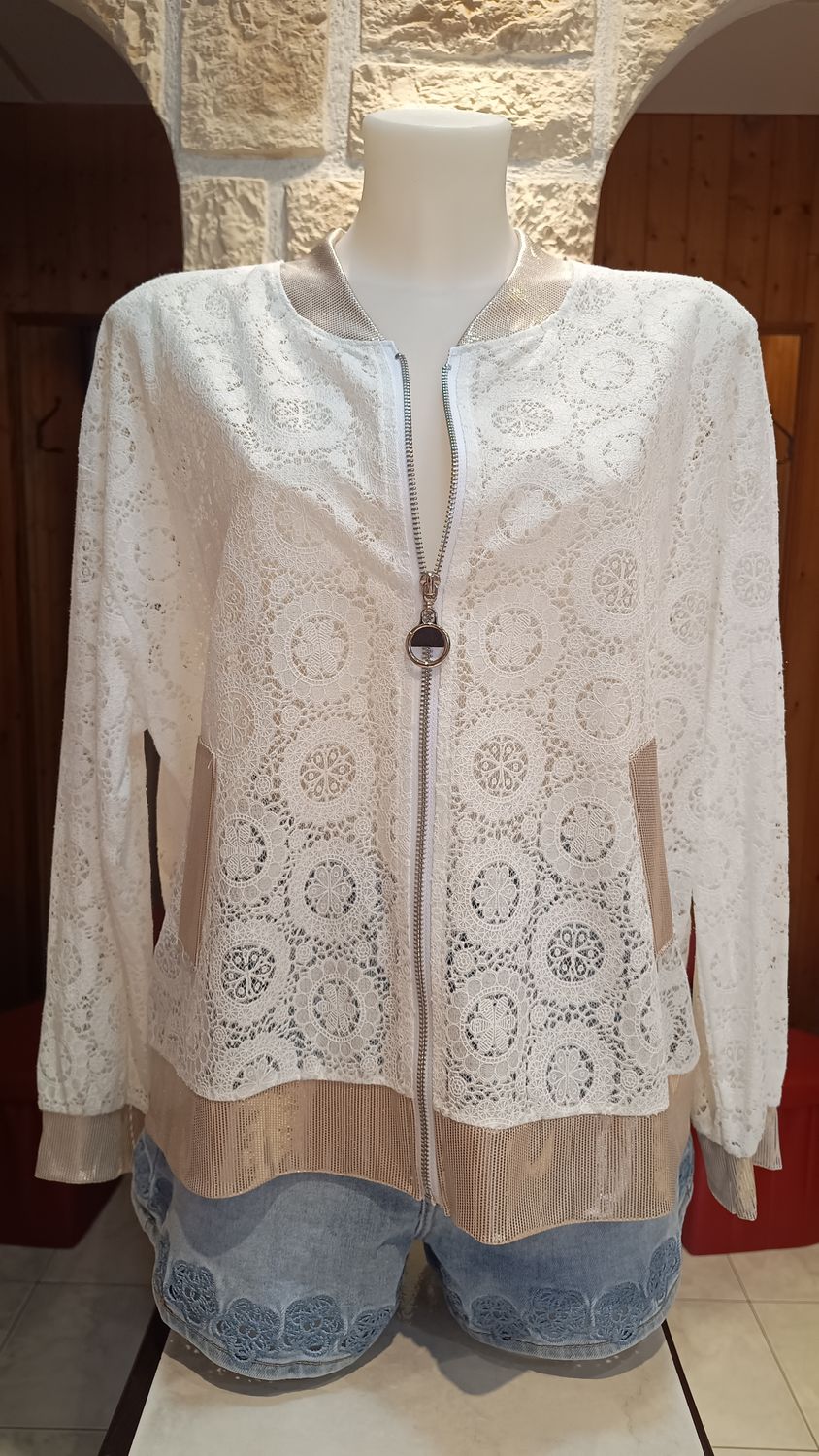Veste bomber dentelle Rosaces blanc 