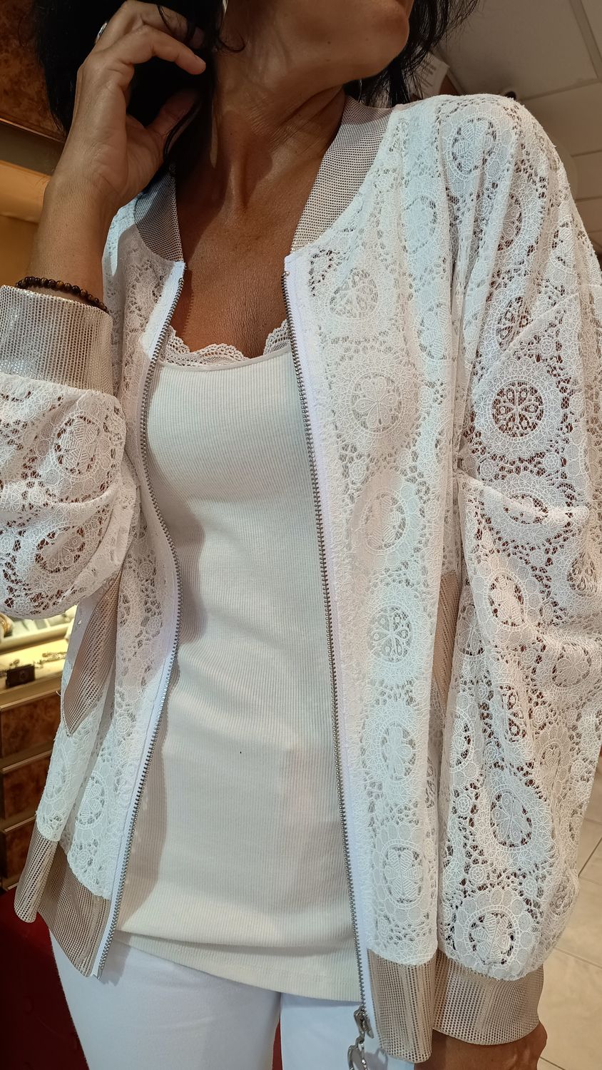 Veste bomber dentelle Rosaces blanc 
