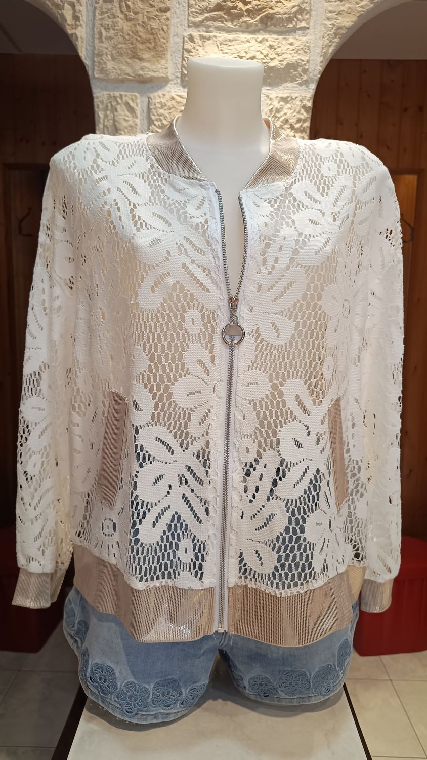 Veste bomber dentelle ajourée blanc 
