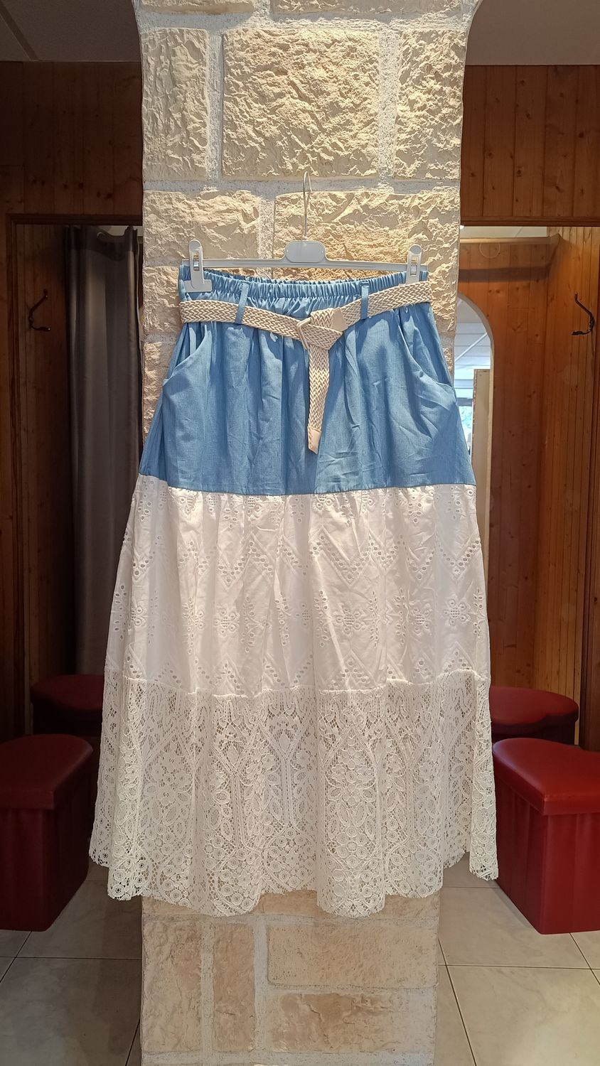 Jupe longue denim dentelle blanche 