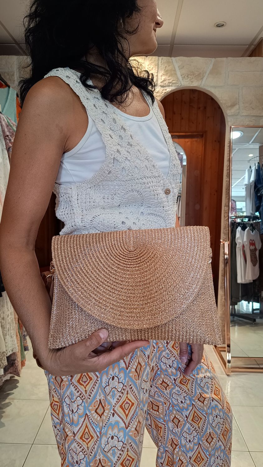 Pochette raphia brillante champagne 