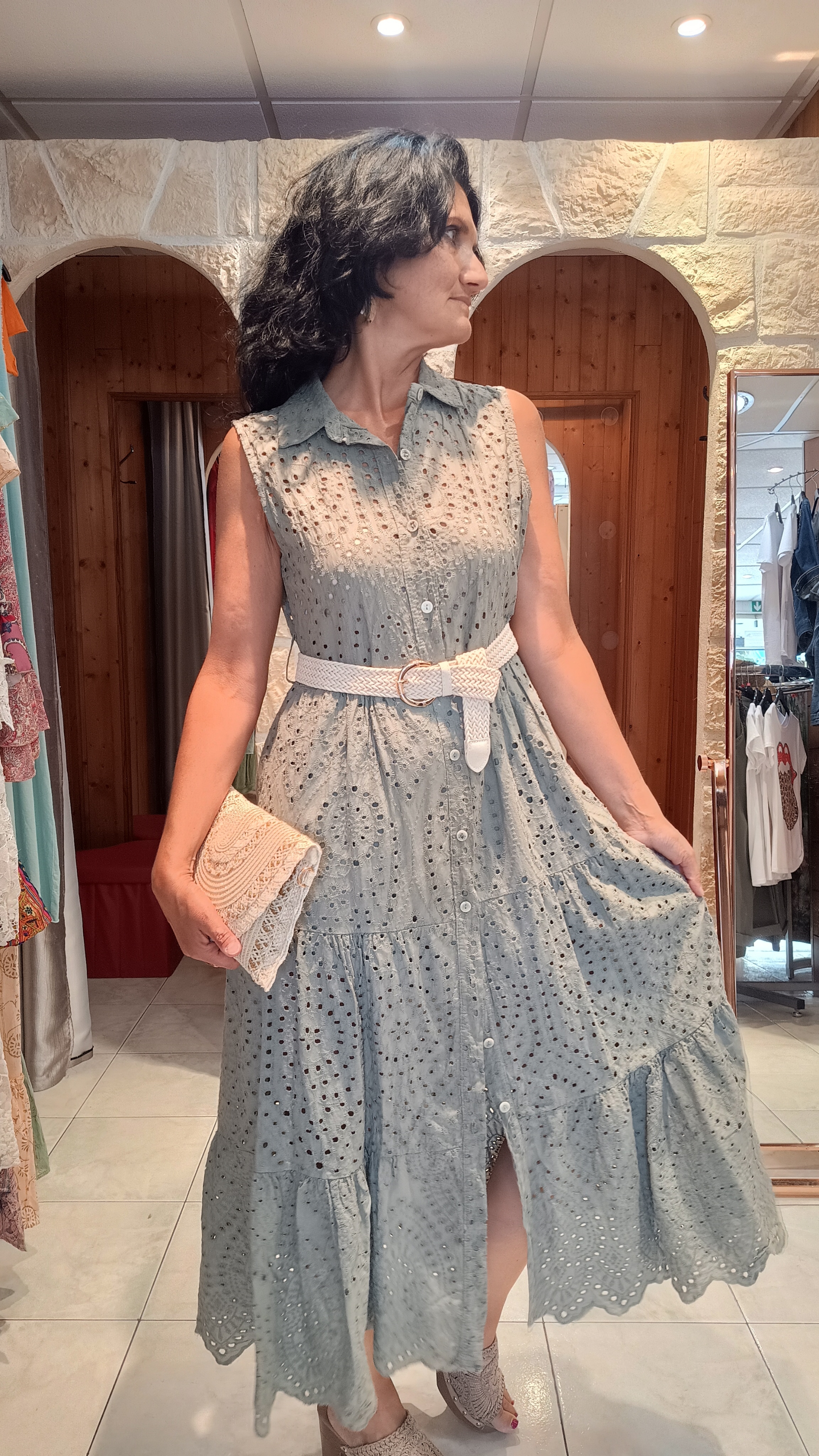 Robe chemisier broderie anglaise kaki