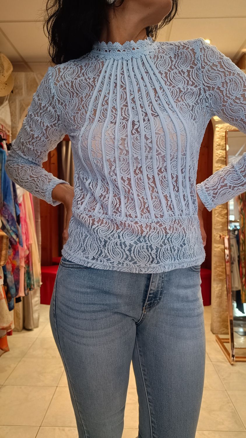 Blouse dentelle transparente bleu ciel Blouse dentelle transparente bleu ciel