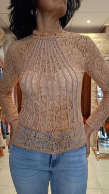 Blouse dentelle transparente camel