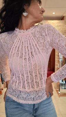 Blouse dentelle transparente rose