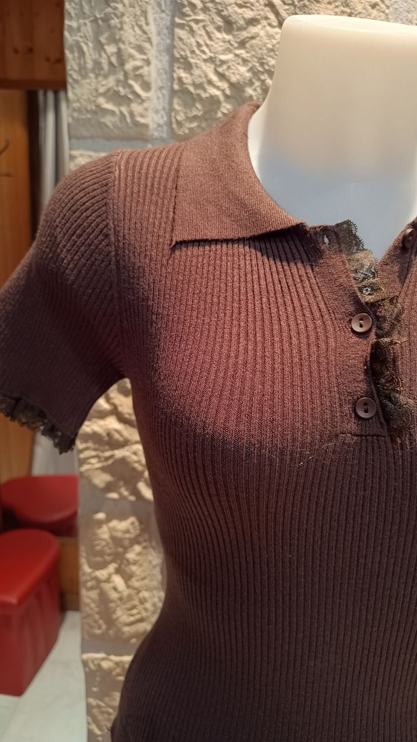 Pull Polo côtelé chocolat Pull Polo côtelé chocolat