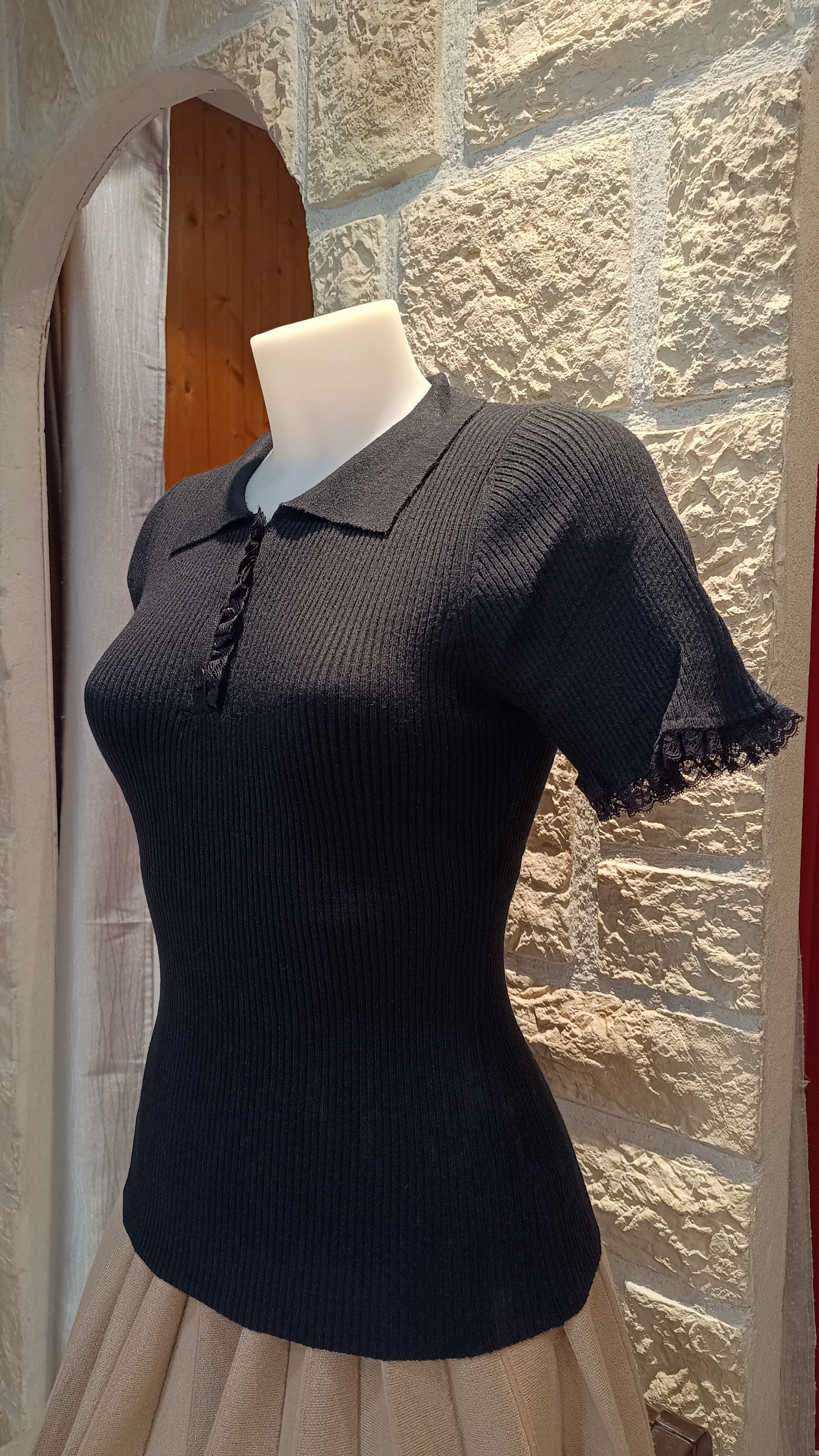 Pull Polo côtelé noir