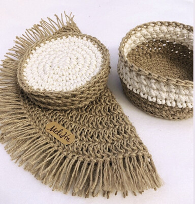 Untersetzer Set, Makrame &amp; Jutegarn, Tischdeckhen, Körbchen
