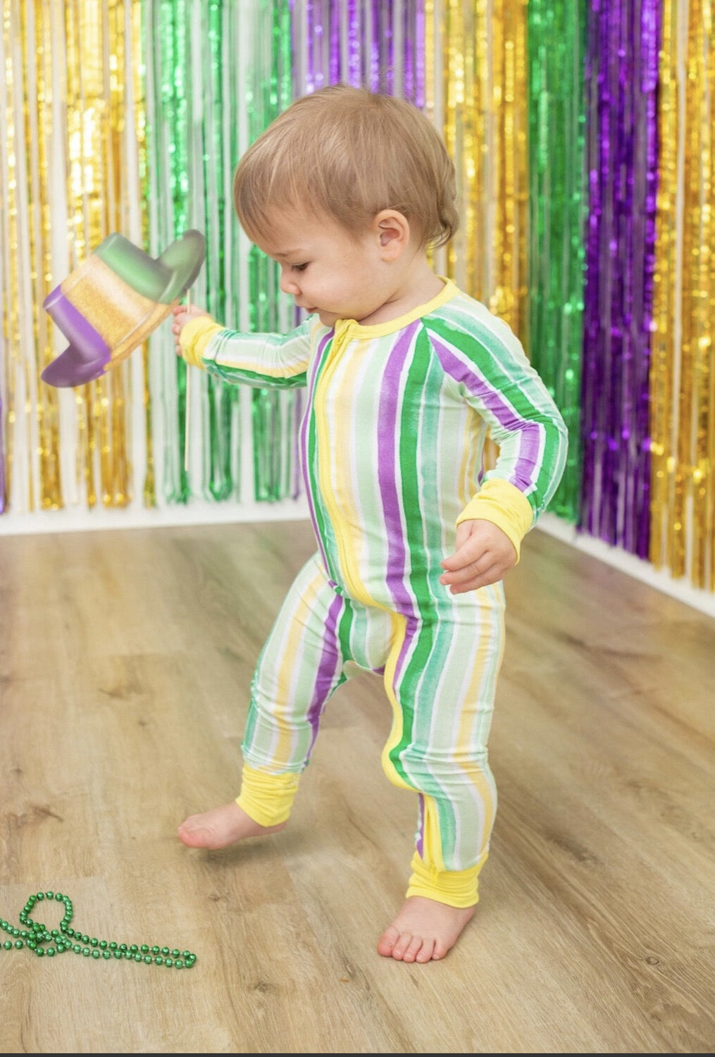 Sweet Bay Clothing Mardi Gras Stripes Zipper Onesie
