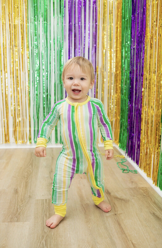 Sweet Bay Clothing Mardi Gras Stripes Zipper Onesie