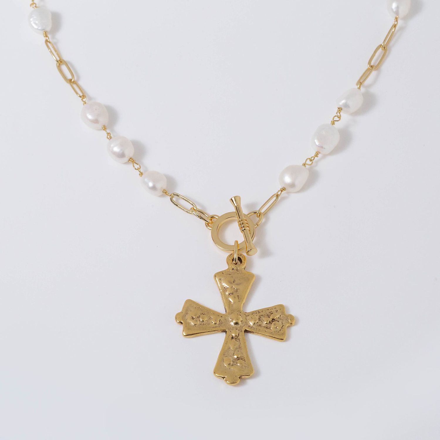 Coastal Grit  Antq Gold Cross W Baroque Pearls