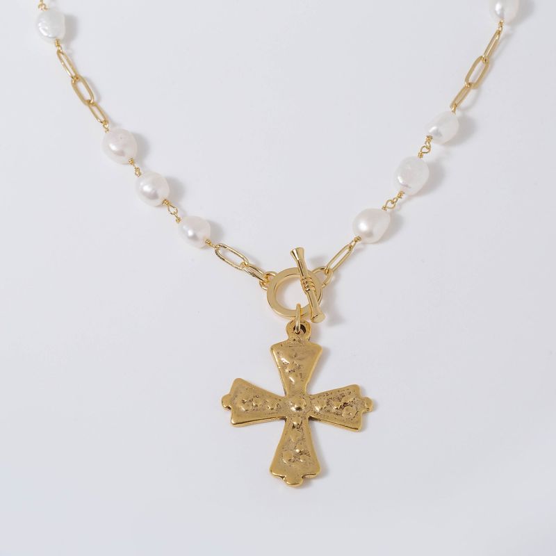 Coastal Grit  Antq Gold Cross W Baroque Pearls
