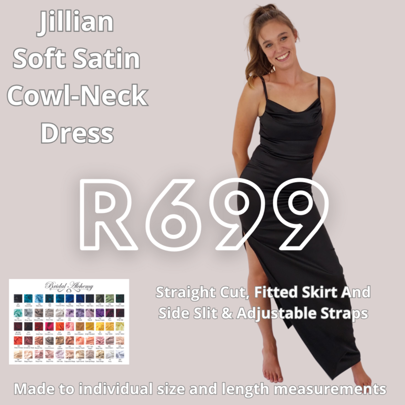 Jillian Soft Cowl-Neck Satin Dress With Straight Cut, Fitted Skirt And Side Slit & Adjustable Straps - Available In Multiple Colours