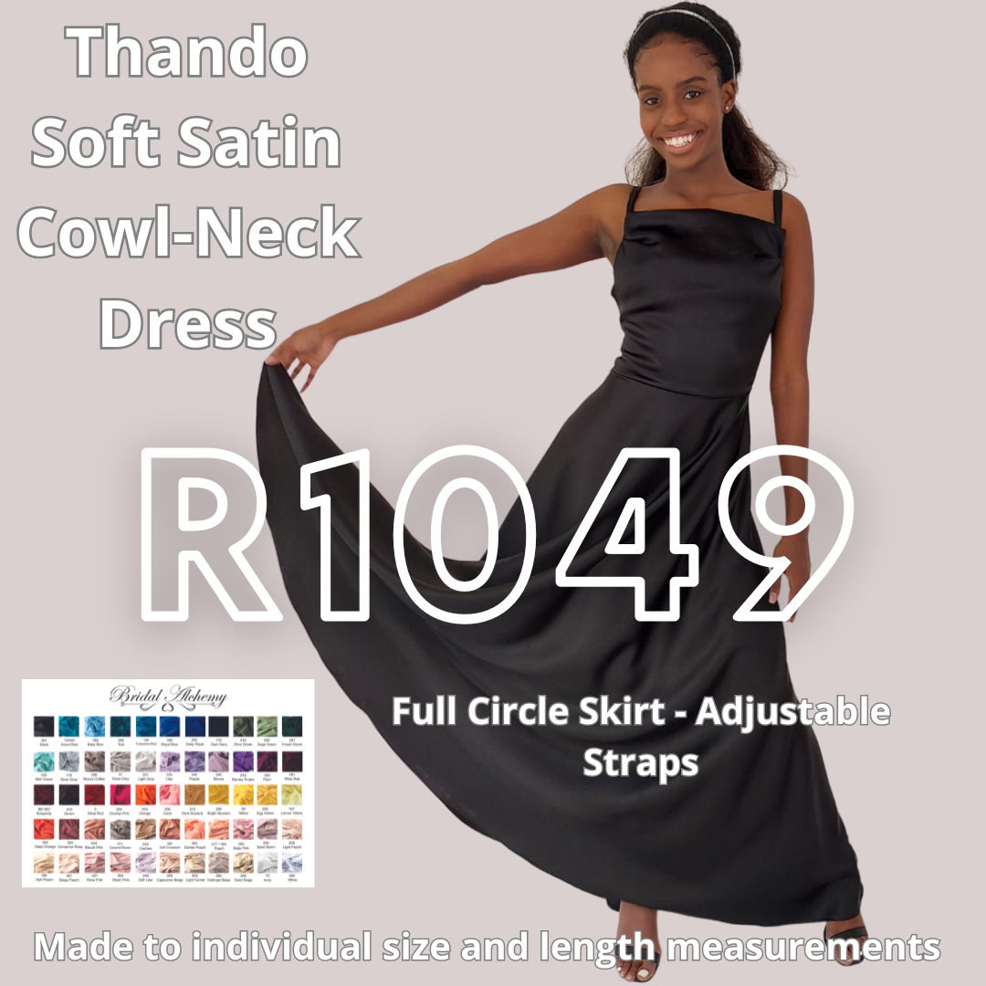Thando Soft Cowl Neck Satin Dress With Full Circle Skirt - Adjustable Straps - Available In Multiple Colours