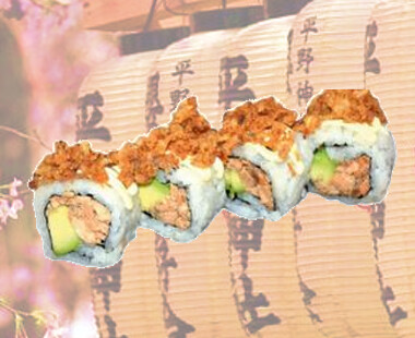 63 Uramaki de Salmón Frito,  Aguacate, Cebolla Crujiente - 4p