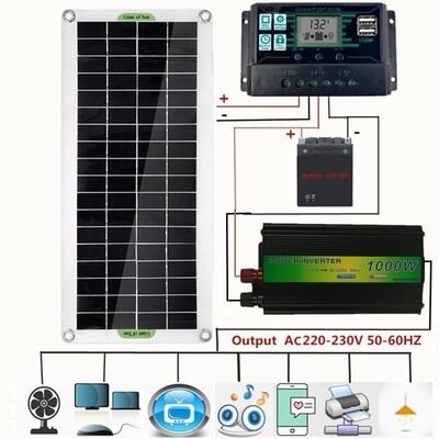 Solar off-grid system, 220V, 30W Solar Panel Battery Charger 1000W Inverter USB Kit Complete Controller Solar Power System