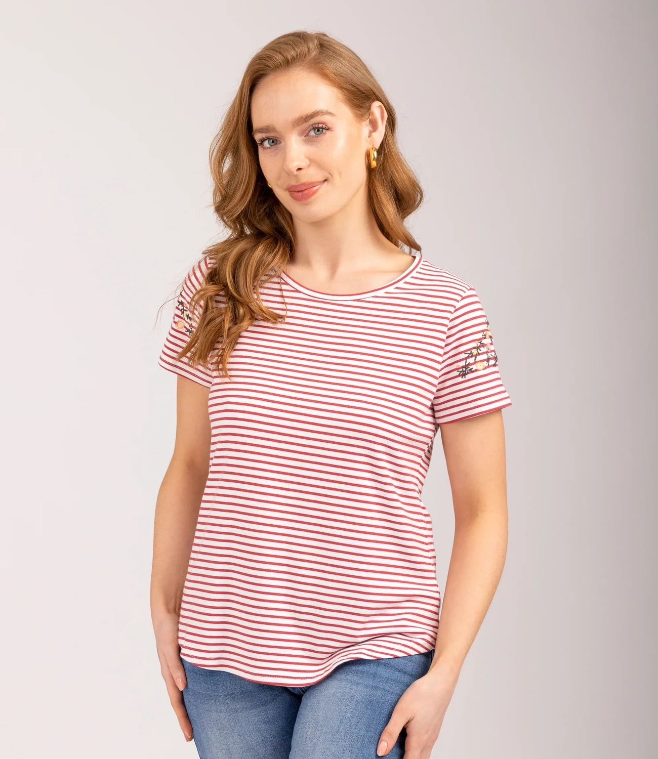Women's Red & White Embroidery Sleeve Detail T-Shirt