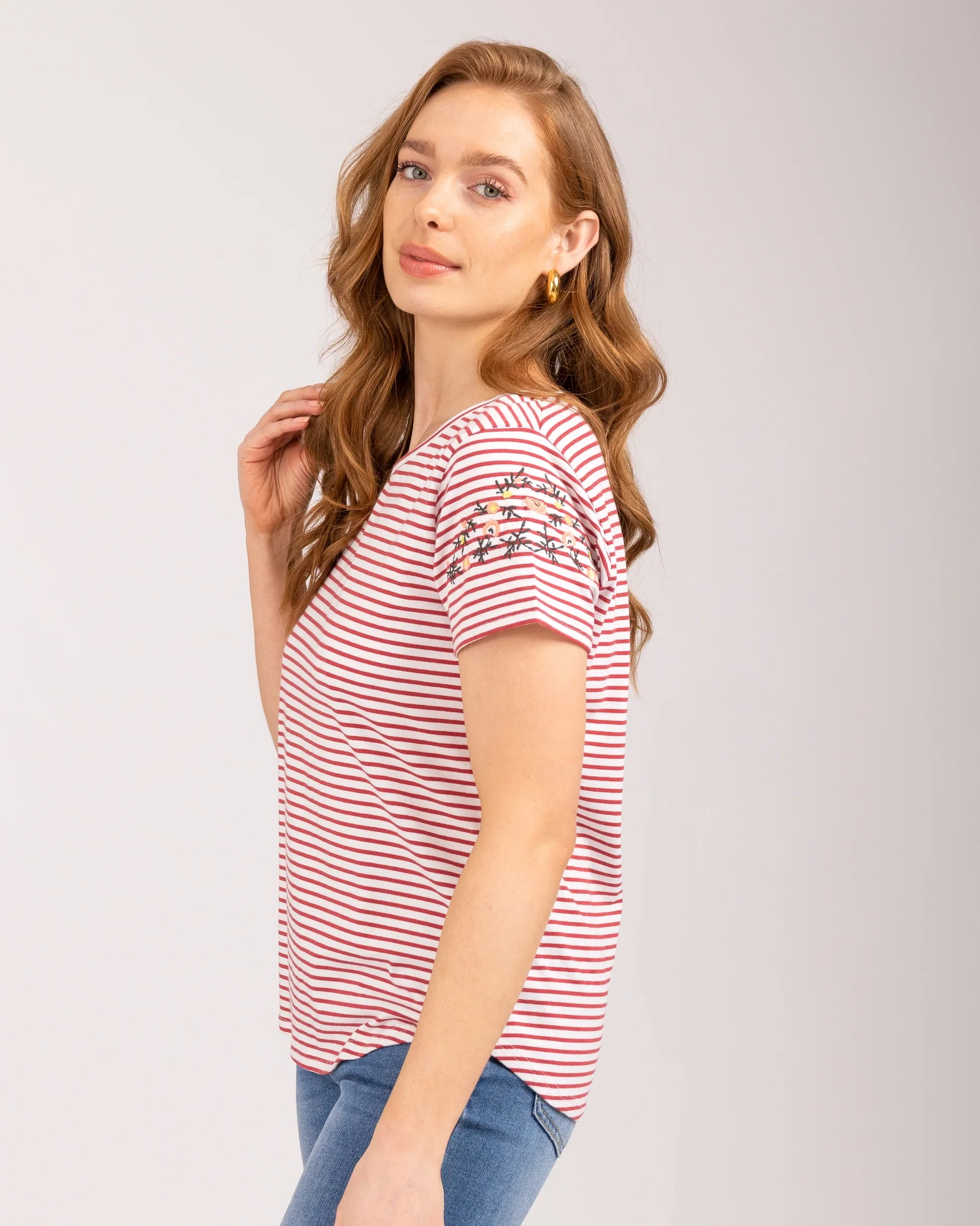 Women's Red & White Embroidery Sleeve Detail T-Shirt