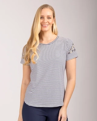 Women's Navy & White Embroidery Sleeve Detail T-Shirt