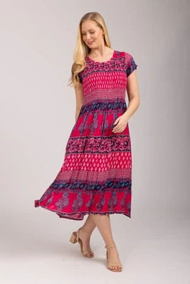 Women's Pink Border Print Shirred Dress
