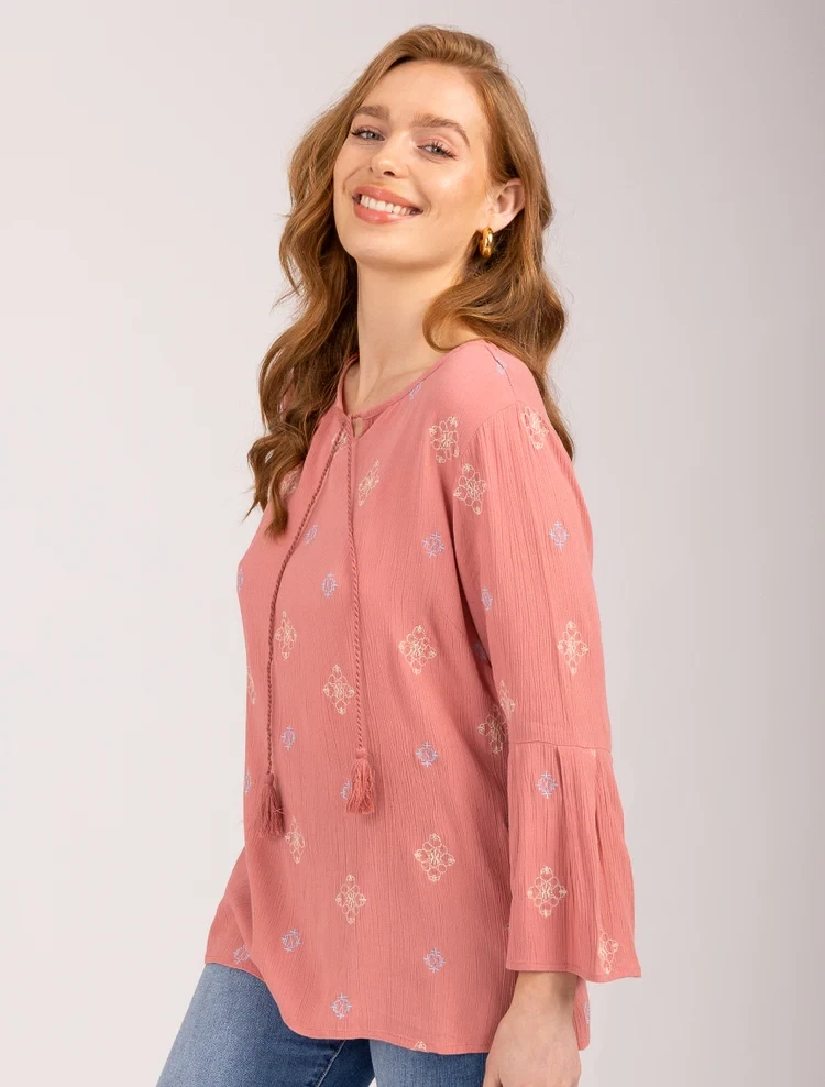 Women's Dusky Pink Tie Front Embroidered Top