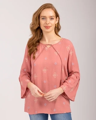 Women's Dusky Pink Tie Front Embroidered Top