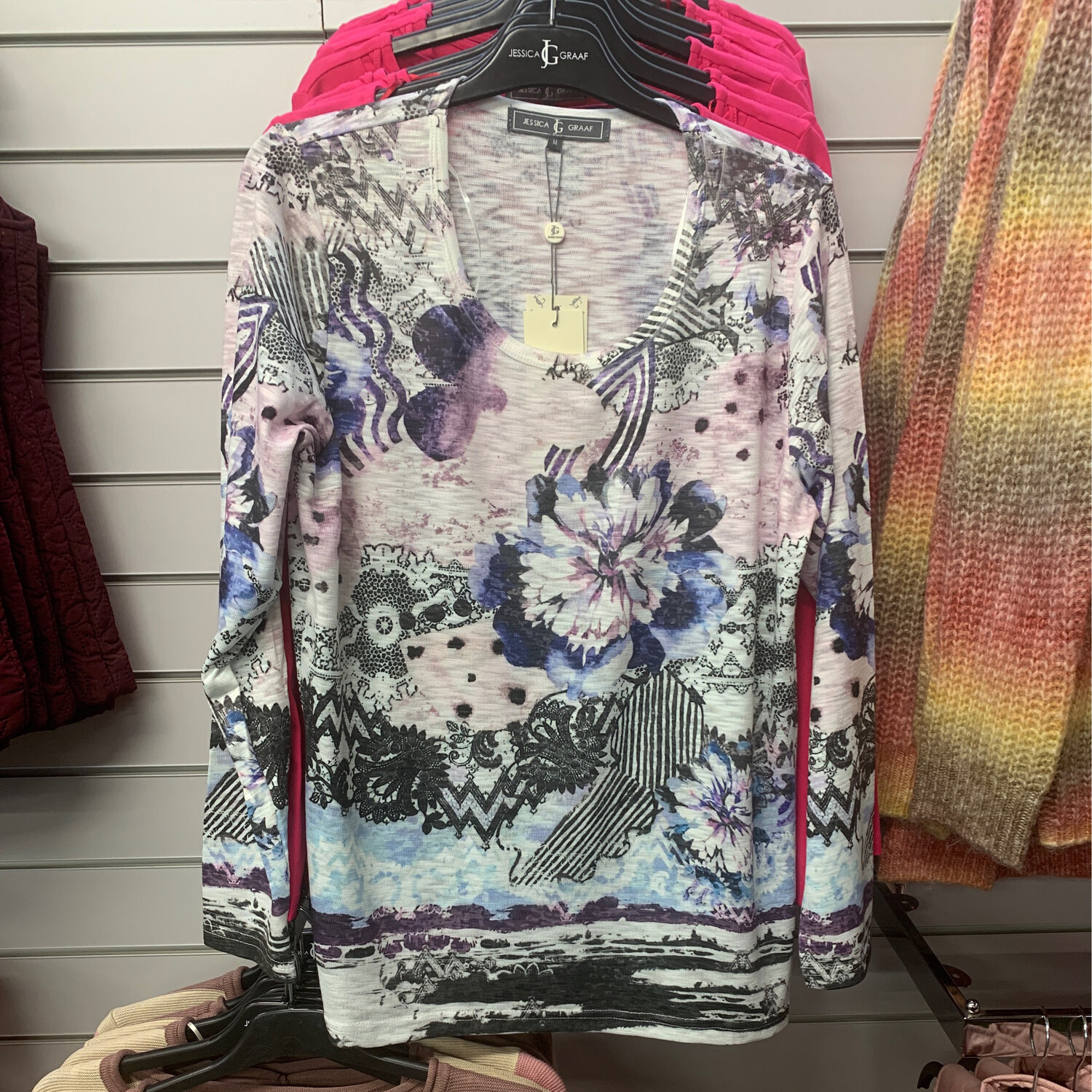 Women's Purple Round Neck Burnout Printed Long Sleeves Top