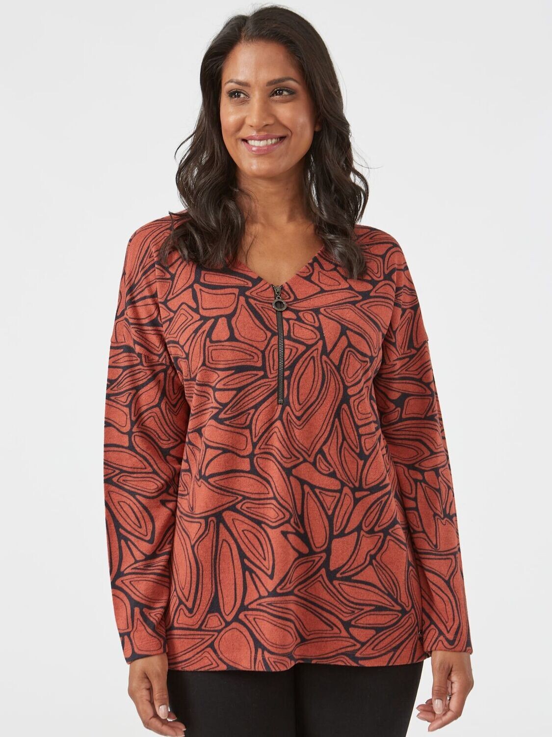 Women's Linear Print Zip Front Top