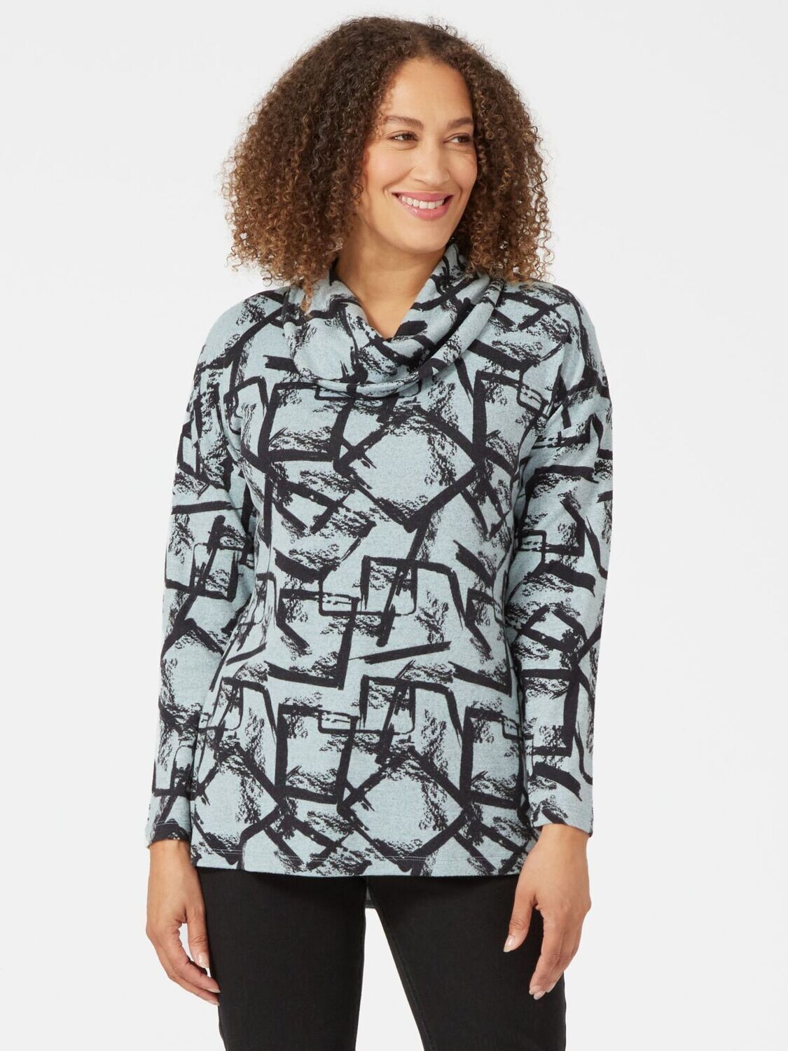 Women's Square Abstract Print Cowl Neck Top