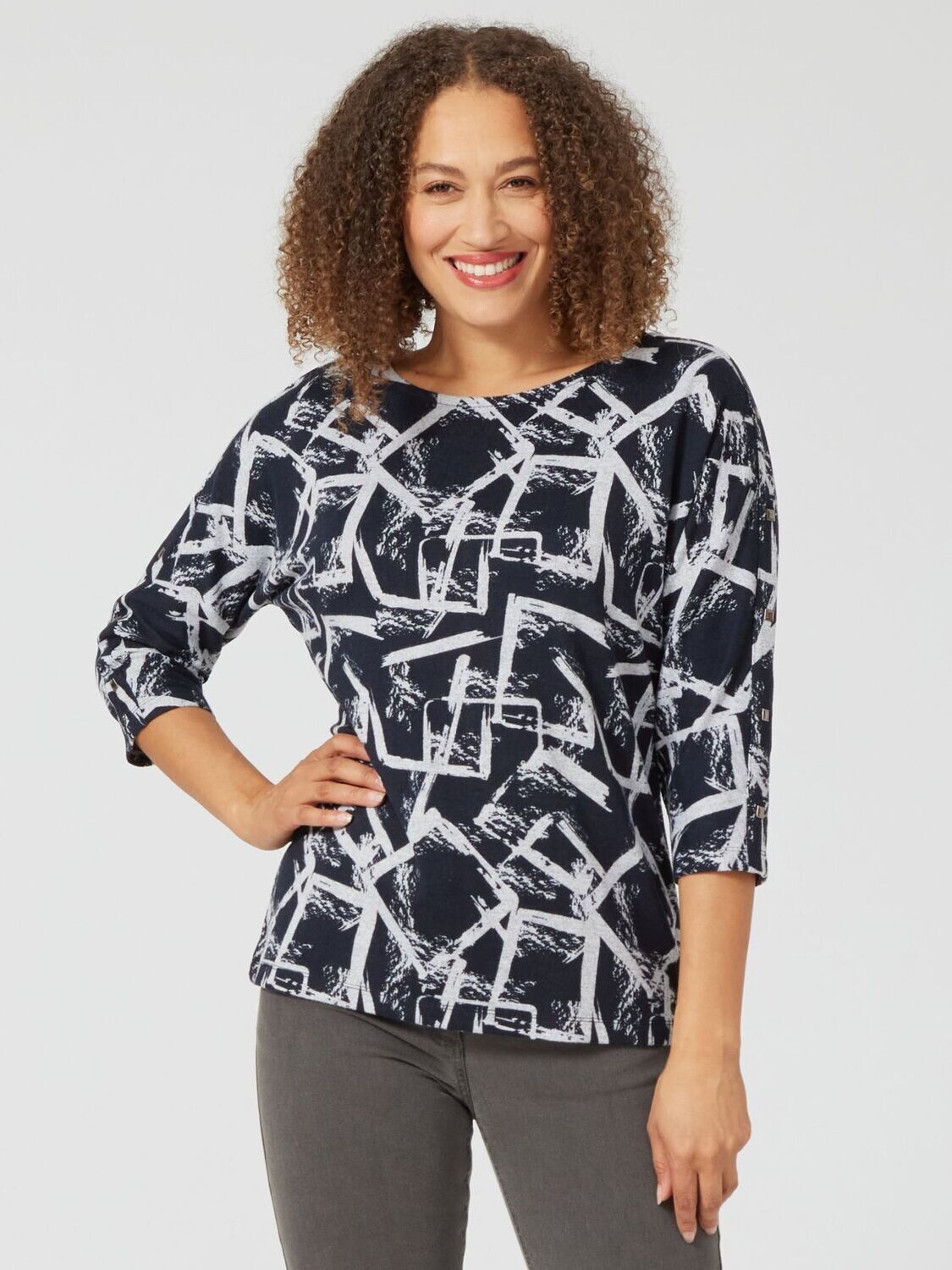Women's Square Abstract Print Top With Stud Detail