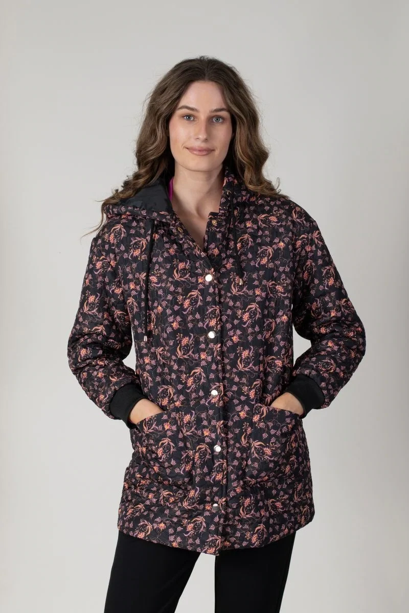 Women's Black Printed Embossed Hooded Jacket