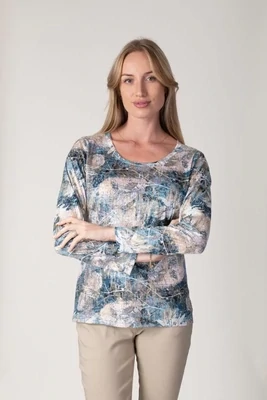 Women's Blue Printed Round Neck Top with Foil Print