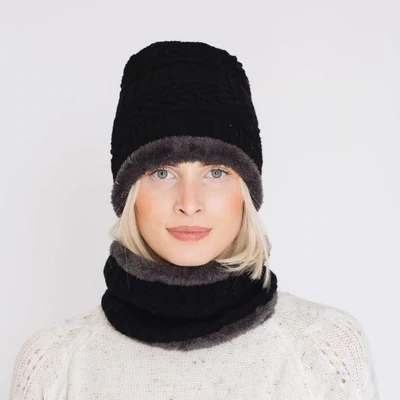 Women's Chevron Ribbed Fleece Lined Hat and Snood Set