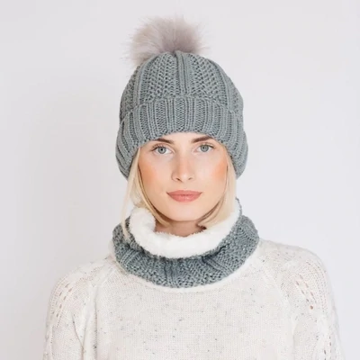 Women's Grey Lurex Cable Fleece Lined Hat and Snood Set