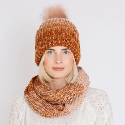 Women's Terracotta Marbled Fleece Lined Hat and Scarf Loop