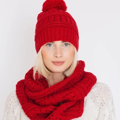 Women's Red Lurex Eyelet Rib Hat with Scarf Loop Set