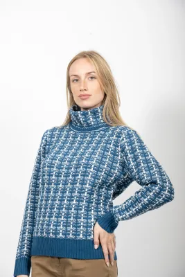 Women's Teal Cowl Neck Check Print Knitted Sweater