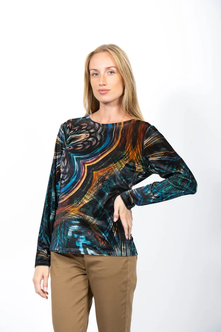 Women's Rust Round Neck Velvet Printed Long Sleeves Top