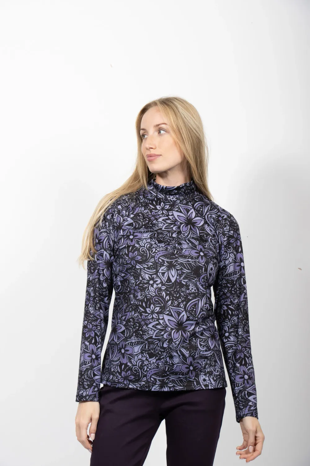 Women's Purple Printed Turtle Neck Top